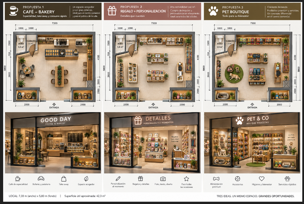 Tres propuestas completas para un café, una tienda de regalos y una tienda de mascotas
