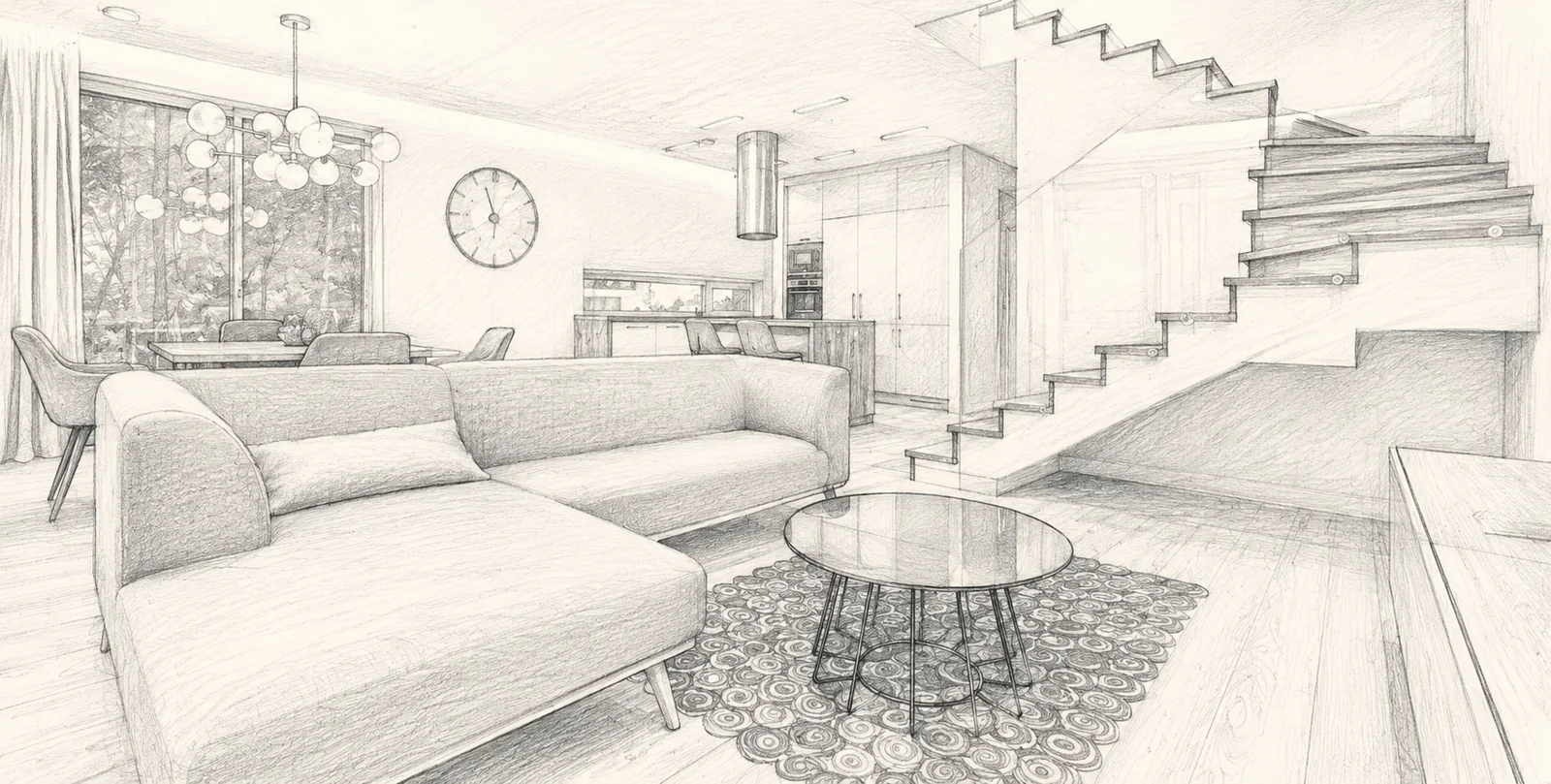 Croquis de un salón con escalera