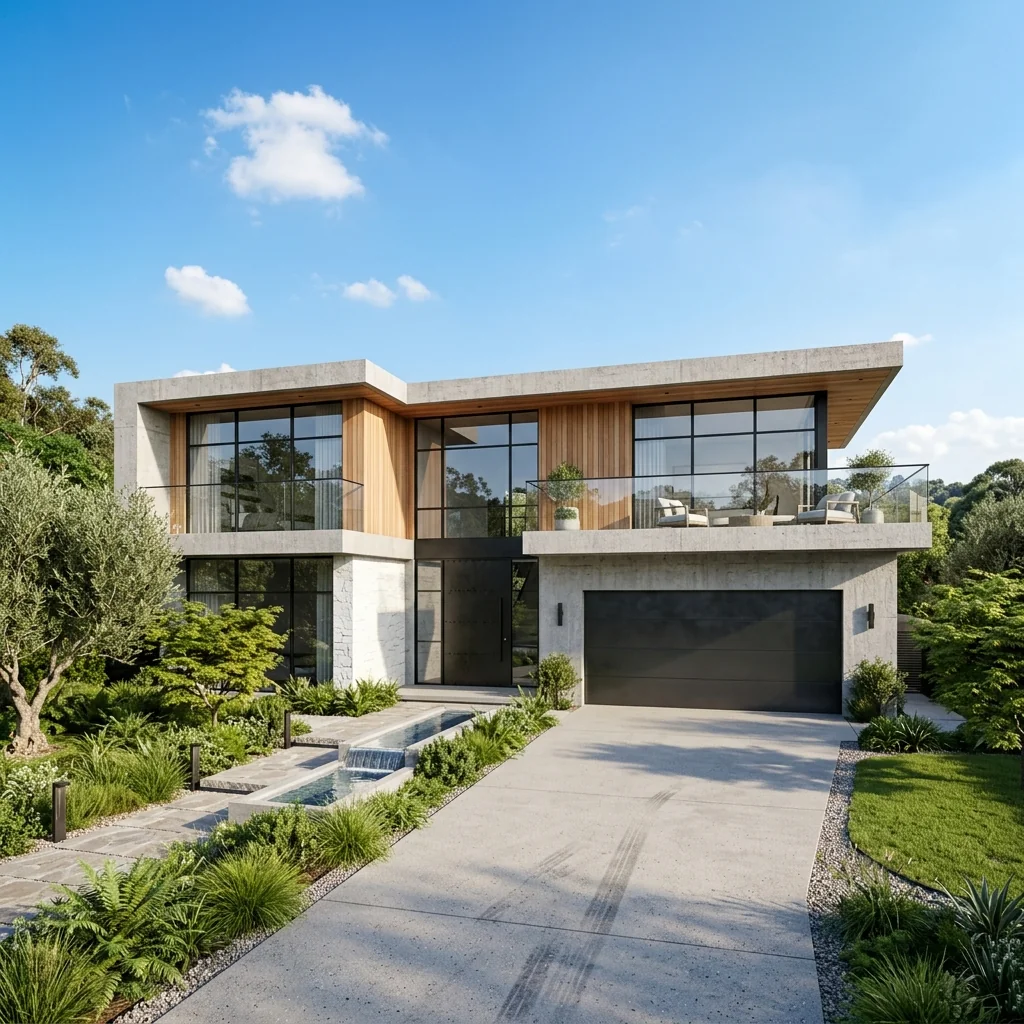 Visualización ilustrativa de una vivienda contemporánea con fachada, acceso y jardín