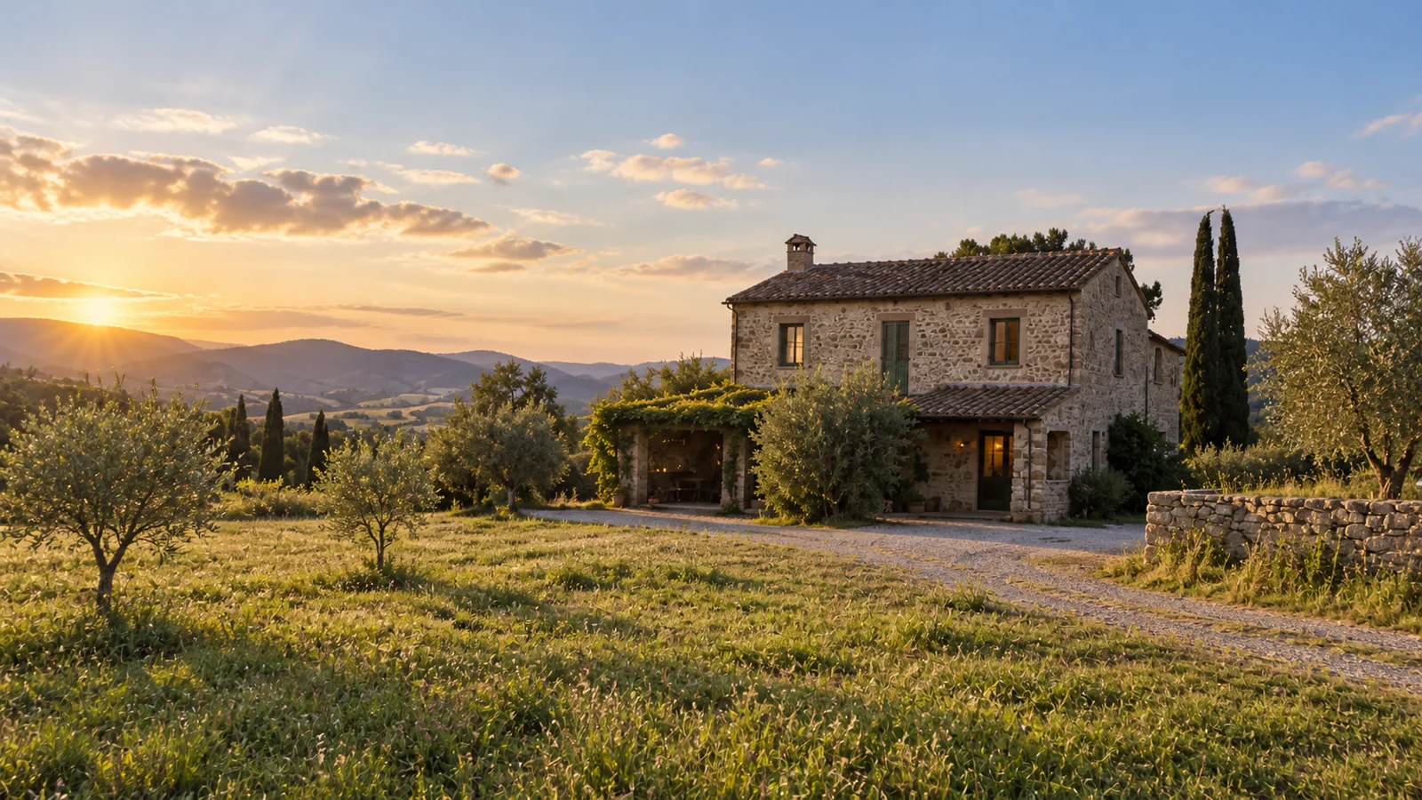 Illustrative rural house proposal with warm light and a green landscape