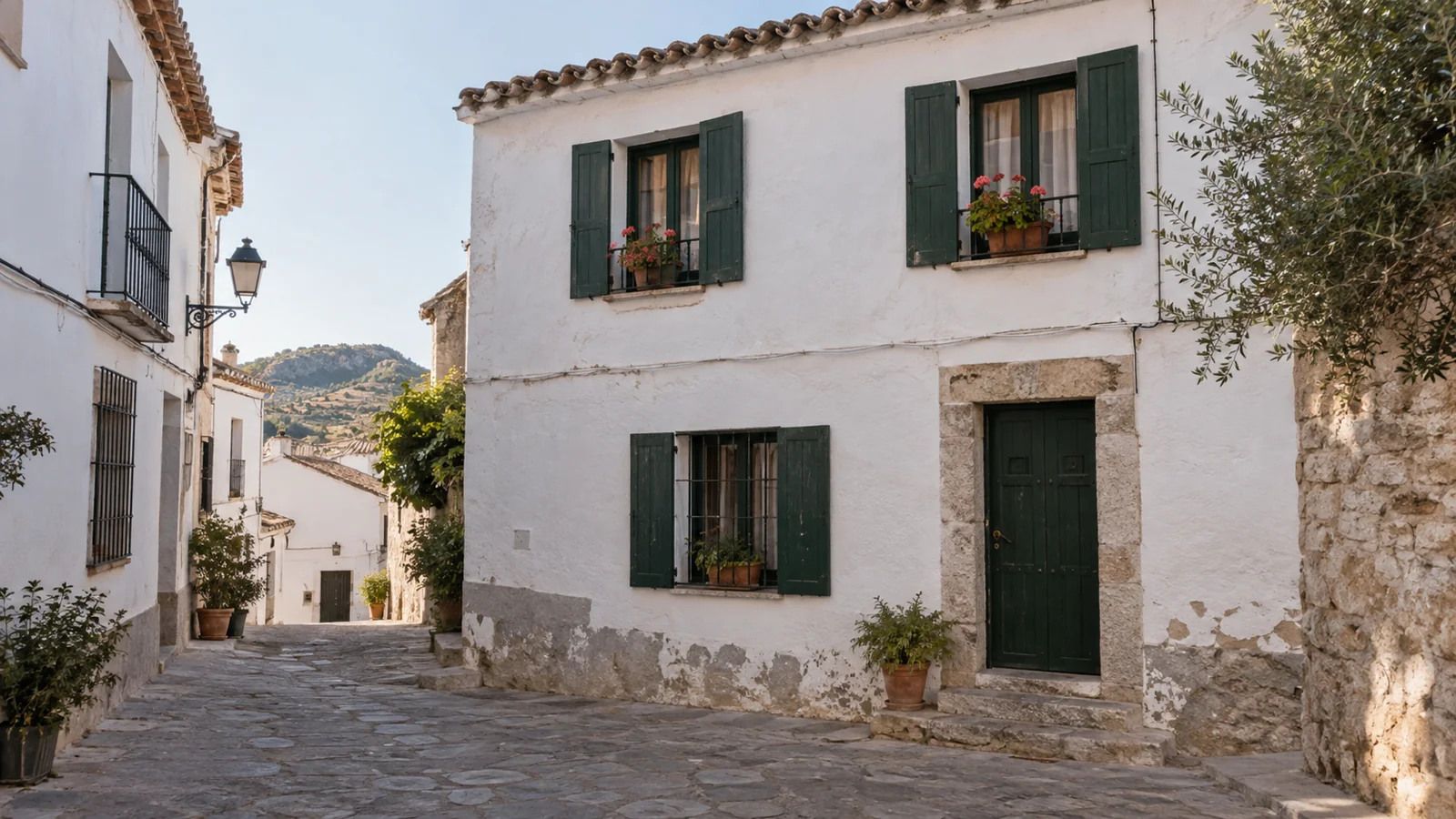 Fictional village house with a white facade, generated with AI